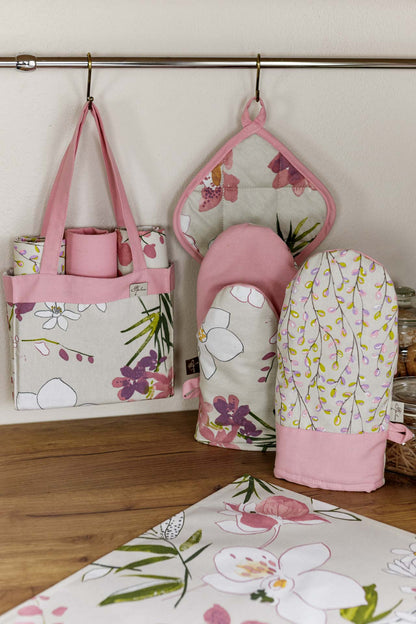 Cotton Orchid Pattern Tablecloth | Pink Floral Kitchen Textile Set, Housewarming Gift