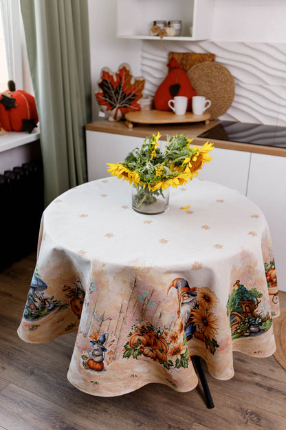 Round Autumn Gnomes Tapestry Tablecloth | Fall Harvest Table Decor, Halloween Pumpkins Table Cover | Thanksgiving Kitchen Decoration