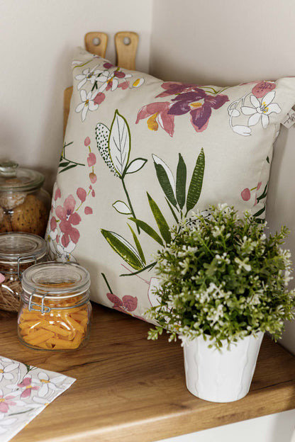 Cotton Orchid Pattern Tablecloth | Pink Floral Kitchen Textile Set, Housewarming Gift