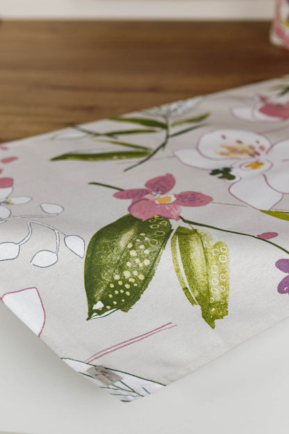 Cotton Orchid Pattern Tablecloth | Pink Floral Kitchen Textile Set, Housewarming Gift
