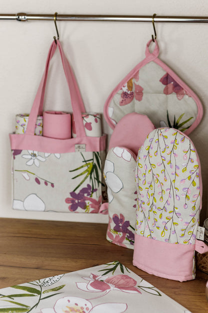 Cotton Orchid Pattern Tablecloth | Pink Floral Kitchen Textile Set, Housewarming Gift