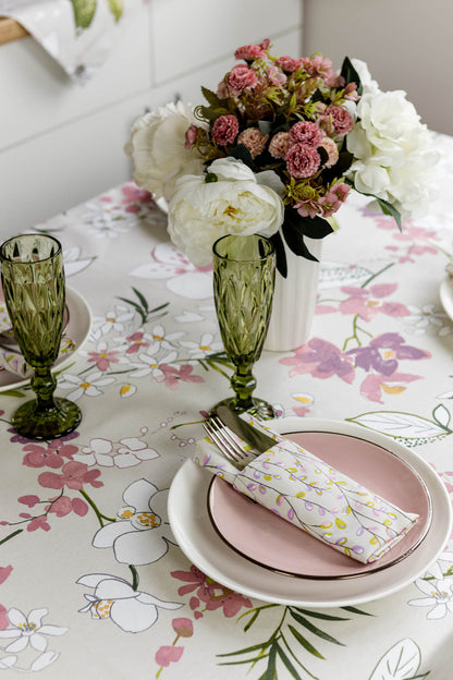 Cotton Orchid Pattern Tablecloth | Pink Floral Kitchen Textile Set, Housewarming Gift