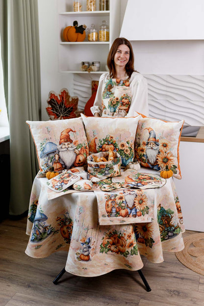 Round Autumn Gnomes Tapestry Tablecloth | Fall Harvest Table Decor, Halloween Pumpkins Table Cover | Thanksgiving Kitchen Decoration