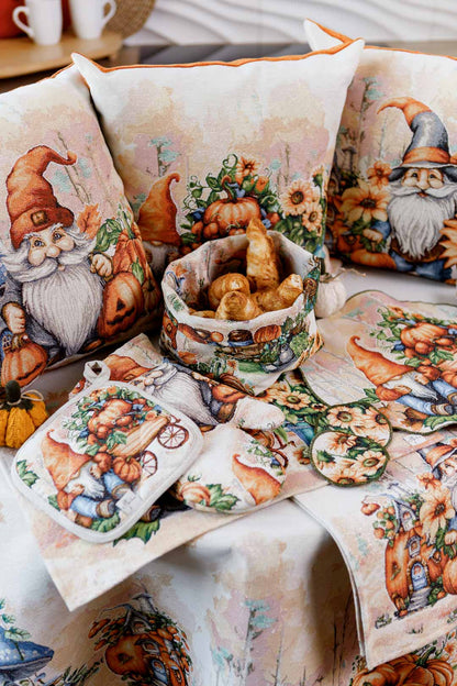 Round Autumn Gnomes Tapestry Tablecloth | Fall Harvest Table Decor, Halloween Pumpkins Table Cover | Thanksgiving Kitchen Decoration