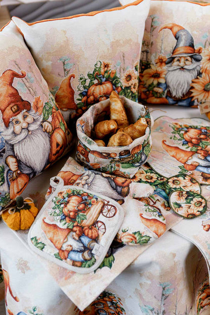 Round Autumn Gnomes Tapestry Tablecloth | Fall Harvest Table Decor, Halloween Pumpkins Table Cover | Thanksgiving Kitchen Decoration