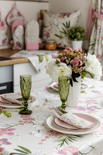 Cotton Orchid Pattern Tablecloth | Pink Floral Kitchen Textile Set, Housewarming Gift
