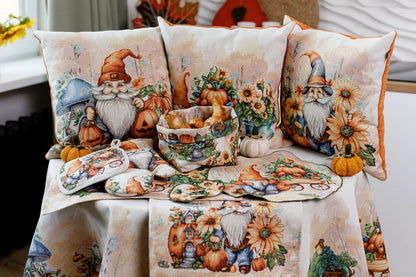 Autumn Gnome Tapestry Pillowcase With Blue Mushroom | Thanksgiving, Halloween Pumpkins Decor | Fall Harvest Textile