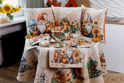 Round Autumn Gnomes Tapestry Tablecloth | Fall Harvest Table Decor, Halloween Pumpkins Table Cover | Thanksgiving Kitchen Decoration