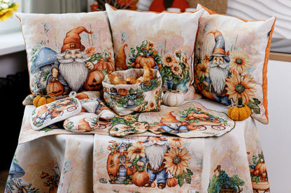 Round Autumn Gnomes Tapestry Tablecloth | Fall Harvest Table Decor, Halloween Pumpkins Table Cover | Thanksgiving Kitchen Decoration
