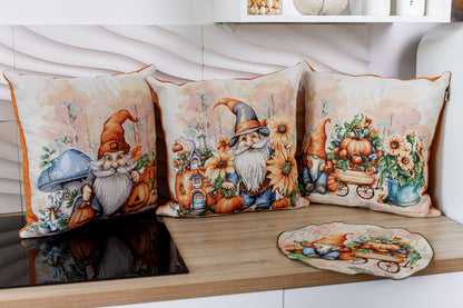 4 Round Autumn Gnomes Tapestry Placemats Set | Thanksgiving Kitchen Decor, Halloween Pumpkins Table Cover | Fall Harvest Table Decor