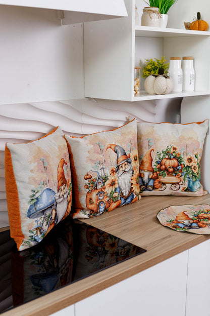 Autumn Gnome Tapestry Pillowcase With Blue Mushroom | Thanksgiving, Halloween Pumpkins Decor | Fall Harvest Textile