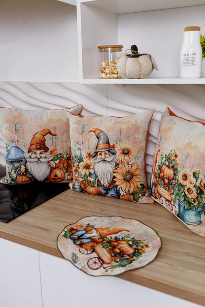 Autumn Gnome Tapestry Pillowcase With Blue Mushroom | Thanksgiving, Halloween Pumpkins Decor | Fall Harvest Textile