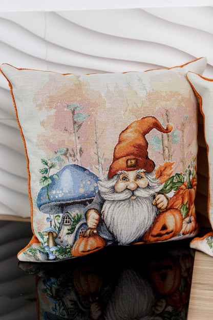 Autumn Gnome Tapestry Pillowcase With Blue Mushroom | Thanksgiving, Halloween Pumpkins Decor | Fall Harvest Textile