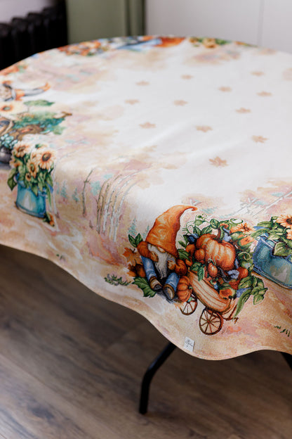 Oval Autumn Gnomes Tapestry Tablecloth | Thanksgiving, Fall Harvest Table Decor | Halloween Pumpkins Table Cover