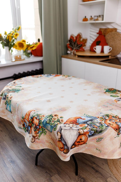 Oval Autumn Gnomes Tapestry Tablecloth | Thanksgiving, Fall Harvest Table Decor | Halloween Pumpkins Table Cover