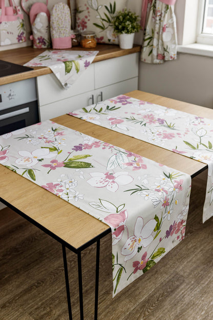 Cotton Orchid Pattern Tablecloth | Pink Floral Kitchen Textile Set, Housewarming Gift