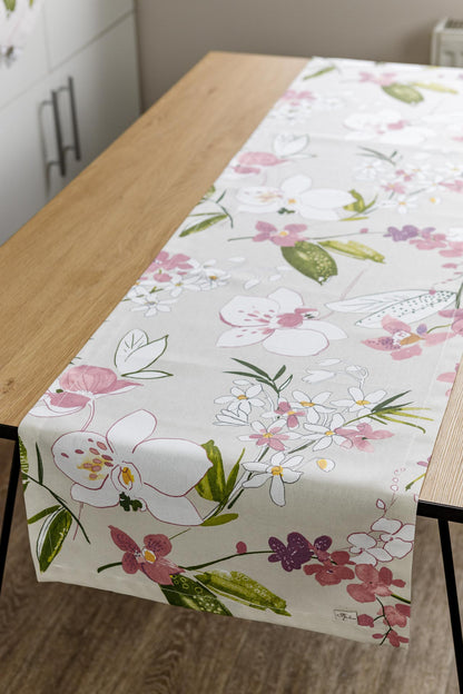 Cotton Orchid Pattern Tablecloth | Pink Floral Kitchen Textile Set, Housewarming Gift