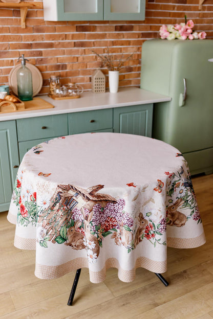 Beige Round Tapestry Tablecloth With Rabbits And Flowers Pattern | Kitchen And Living Room, Festive Home Decor, Present Idea.