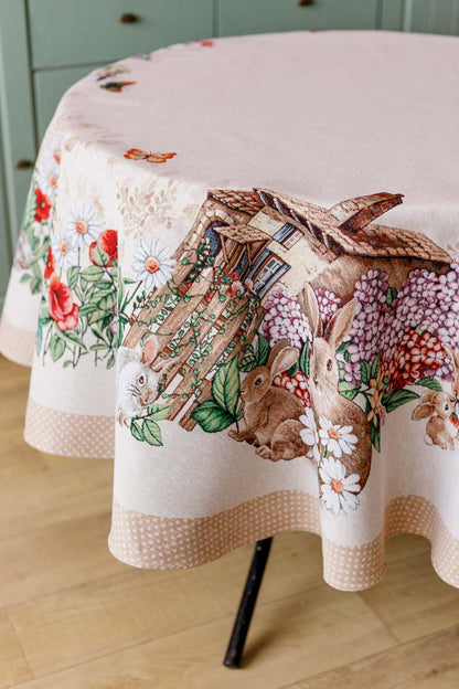 Beige Round Tapestry Tablecloth With Rabbits And Flowers Pattern | Kitchen And Living Room, Festive Home Decor, Present Idea.