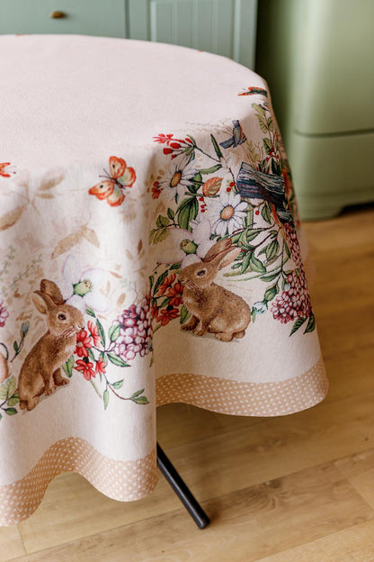 Beige Round Tapestry Tablecloth With Rabbits And Flowers Pattern | Kitchen And Living Room, Festive Home Decor, Present Idea.