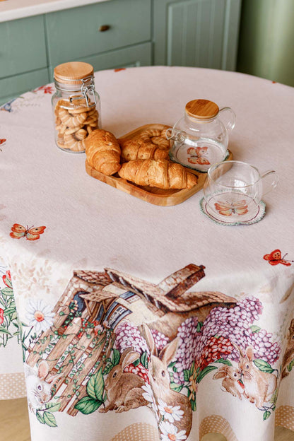 Beige Round Tapestry Tablecloth With Rabbits And Flowers Pattern | Kitchen And Living Room, Festive Home Decor, Present Idea.