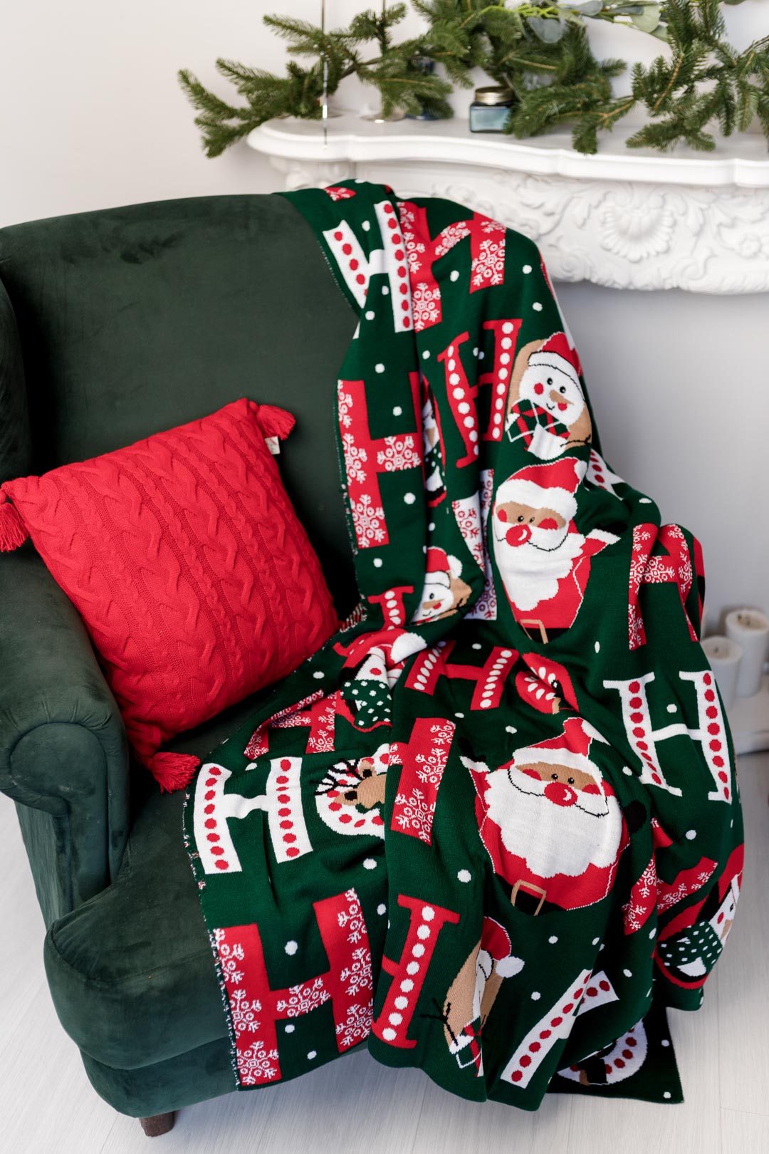 Green Christmas Blanket With Santa Claus, Reindeer, Penguin Pattern | Ho-Ho Words Print Throw, Housewarming Present