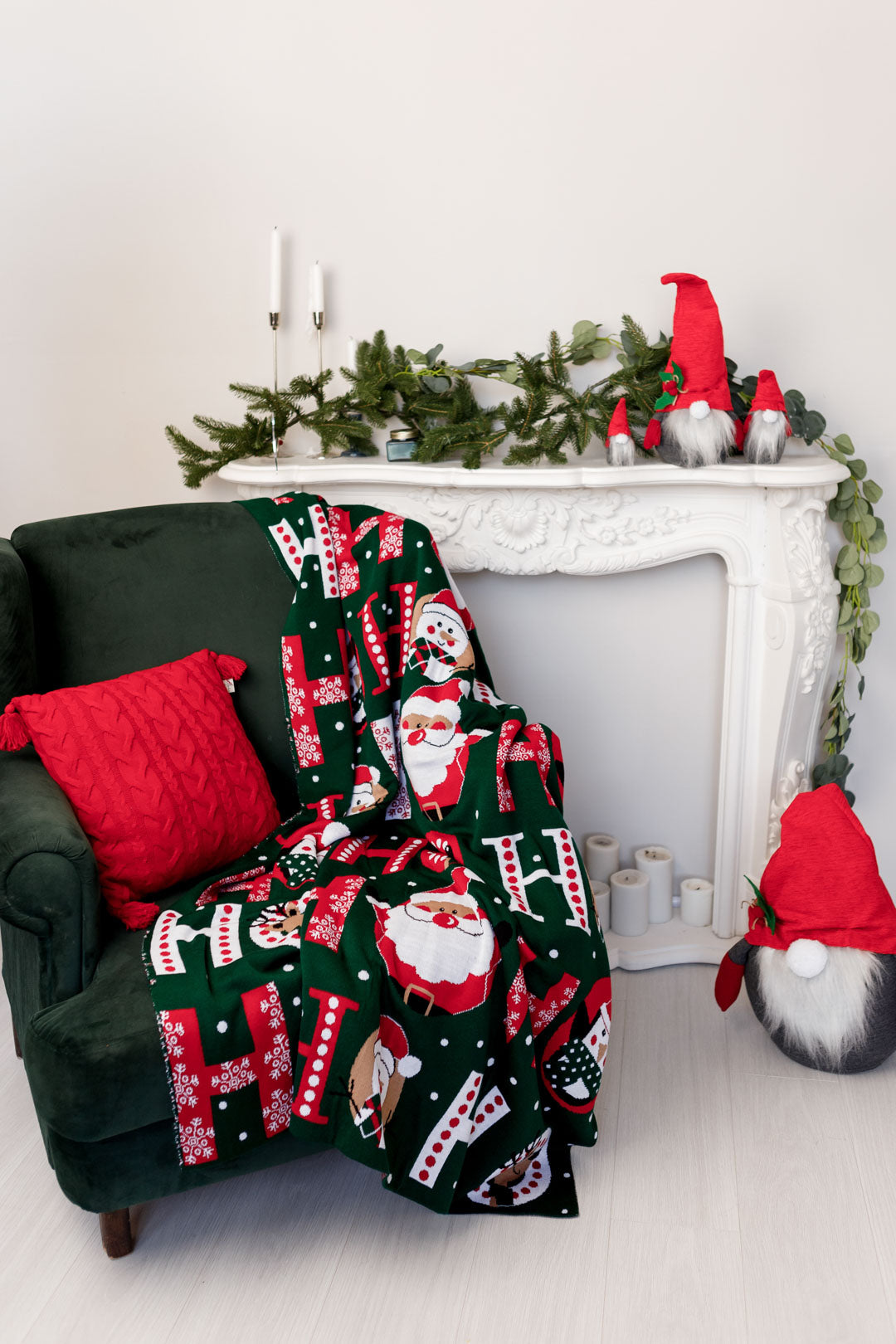 Green Christmas Blanket With Santa Claus, Reindeer, Penguin Pattern | Ho-Ho Words Print Throw, Housewarming Present