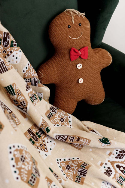 Beige Christmas Knitted Blanket With Gingerbread Pattern | New Year Home Decor, Throw And Pillow Set