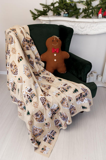 Beige Christmas Knitted Blanket With Gingerbread Pattern | New Year Home Decor, Throw And Pillow Set