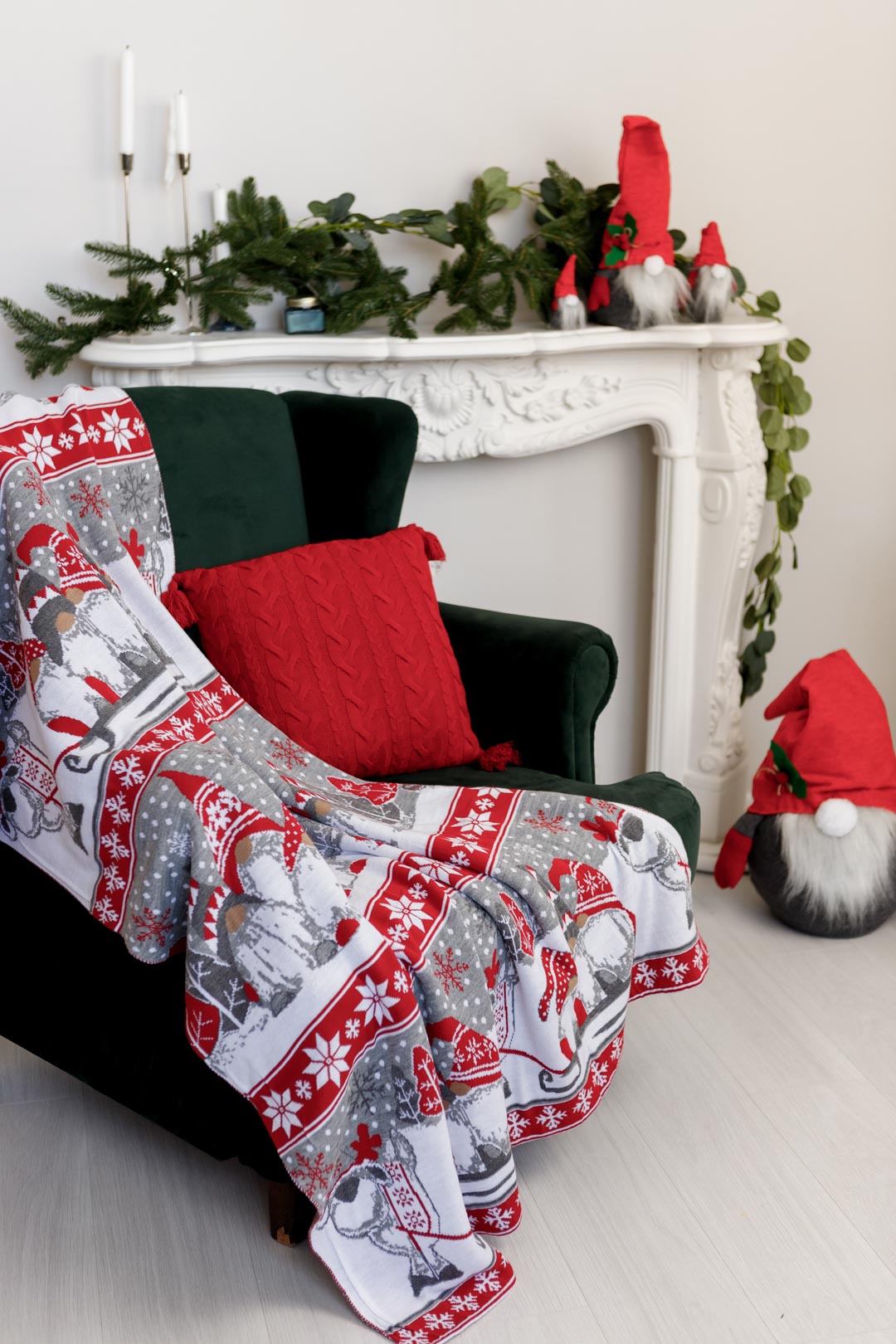 Grey And Red Knitted Pillowcase With Tassels, Christmas Gnomes Pattern | New Year Home Decor, Throw And Pillow Cover Set