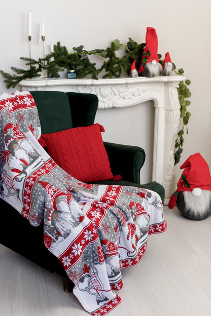 Grey And Red Knitted Pillowcase With Tassels, Christmas Gnomes Pattern | New Year Home Decor, Throw And Pillow Cover Set