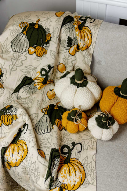 Knitted Pumpkin Blanket | Autumn Cozy Throw | Halloween and Thanksgiving Sofa Knit Throw | Fall Rustic Farmhouse Decor