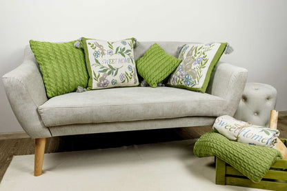 Knitted Pillowcase With Tassels, Bunnies, Flowers Pattern | Easter Festive Home Decor, Living Room, Bedroom Textile Set, Present Idea