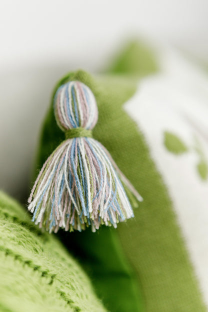 Knitted Pillowcase With Tassels, Bunnies, Flowers Pattern | Easter Festive Home Decor, Living Room, Bedroom Textile Set, Present Idea