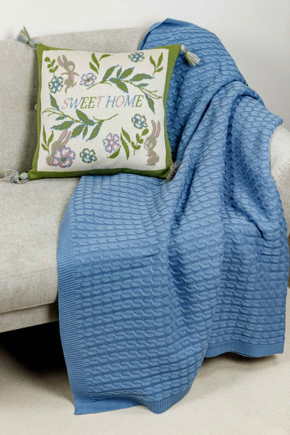 Knitted Pillowcase With Tassels, Bunnies, Flowers Pattern | Easter Festive Home Decor, Living Room, Bedroom Textile Set, Present Idea