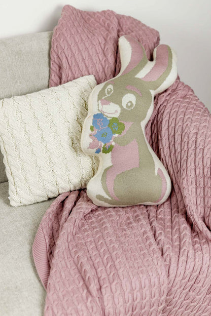 Knitted Pillowcase With Tassels, Bunnies, Flowers Pattern | Easter Festive Home Decor, Living Room, Bedroom Textile Set, Present Idea