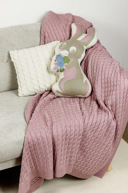 Knitted Pillowcase With Tassels, Bunnies, Flowers Pattern | Easter Festive Home Decor, Living Room, Bedroom Textile Set, Present Idea