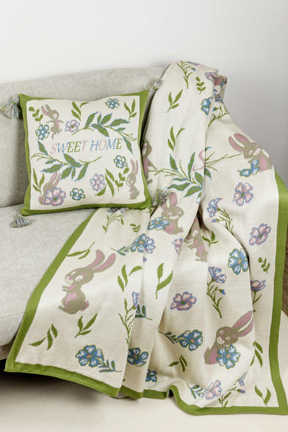 Knitted Pillowcase With Tassels, Bunnies, Flowers Pattern | Easter Festive Home Decor, Living Room, Bedroom Textile Set, Present Idea