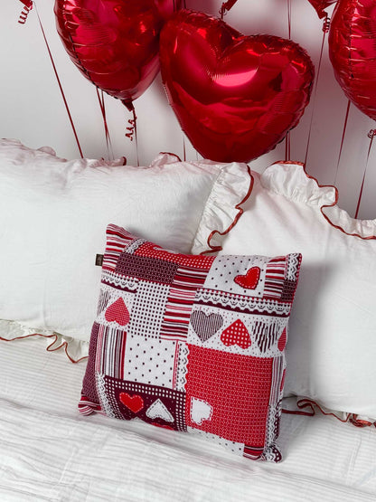 Red knitted blanket with hearts, lace, patchwork pattern | St Valentine's Day present idea, festive home decor, living room throw