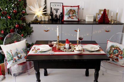 Red Tapestry Pillowcase With Christmas Gnome, Presents And Bonfire Pattern | Winter Holidays Textile, Festive Home Decor