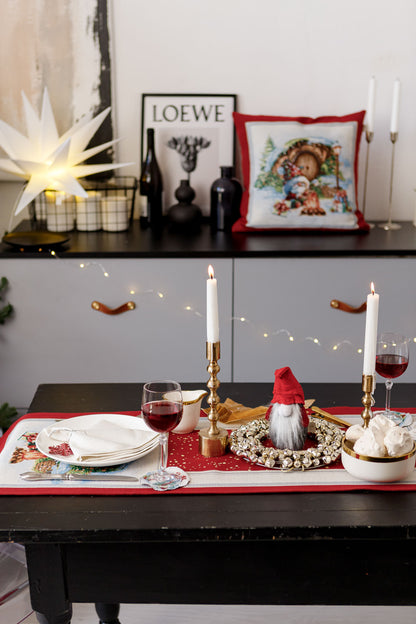 Red Tapestry Pillowcase With Christmas Gnome, Presents And Bonfire Pattern | Winter Holidays Textile, Festive Home Decor