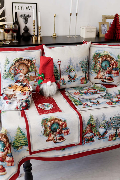Red Tapestry Pillowcase With Christmas Gnome, Presents And Bonfire Pattern | Winter Holidays Textile, Festive Home Decor