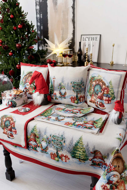 Red Tapestry Pillowcase With Christmas Gnome, Presents And Bonfire Pattern | Winter Holidays Textile, Festive Home Decor