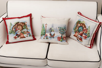 Red Tapestry Pillowcase With Christmas Gnome, Presents And Bonfire Pattern | Winter Holidays Textile, Festive Home Decor