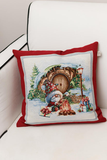Red Tapestry Pillowcase With Christmas Gnome, Presents And Bonfire Pattern | Winter Holidays Textile, Festive Home Decor