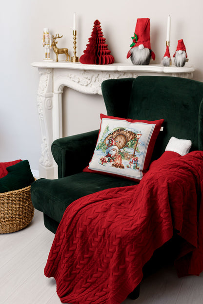 Red Tapestry Pillowcase With Christmas Gnome, Presents And Bonfire Pattern | Winter Holidays Textile, Festive Home Decor