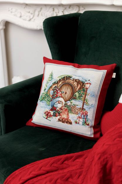 Red Tapestry Pillowcase With Christmas Gnome, Presents And Bonfire Pattern | Winter Holidays Textile, Festive Home Decor