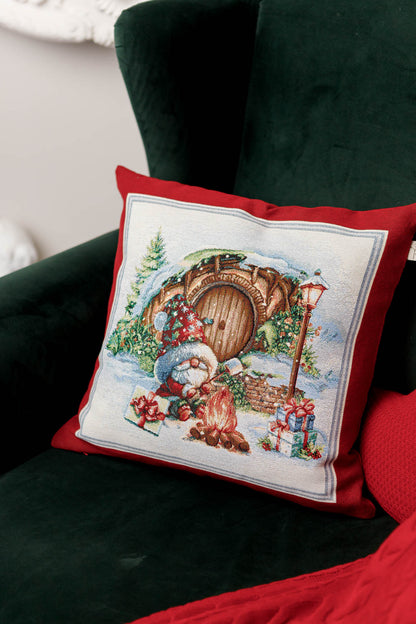 Red Tapestry Pillowcase With Christmas Gnome, Presents And Bonfire Pattern | Winter Holidays Textile, Festive Home Decor