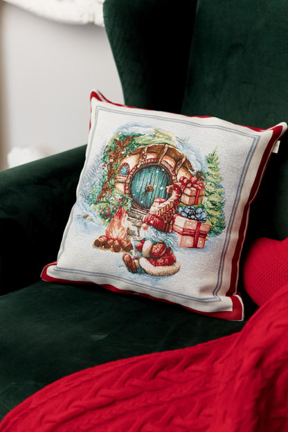 Red Tapestry Pillowcase With Christmas Gnome, Presents And Bonfire Pattern | Winter Holidays Textile, Festive Home Decor