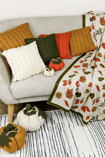 Knitted Fall Blanket | Pumpkin and Autumn Leaves Throw | Halloween Thanksgiving Home Decor | Cozy Living Room Gift